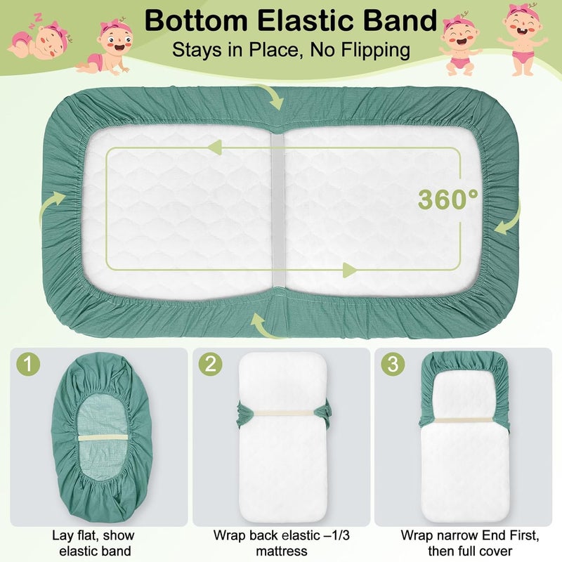 BeBeJoJo Baby Bassinet Sheets TPU Waterproof 2 Pack Soft Muslin Bedside Bassinet Mattress Sheets with Bottom Elastic Band for Baby Boy Girls Unisex Fit Hourglass Oval and Rectangle, Green Ivory - Image 4